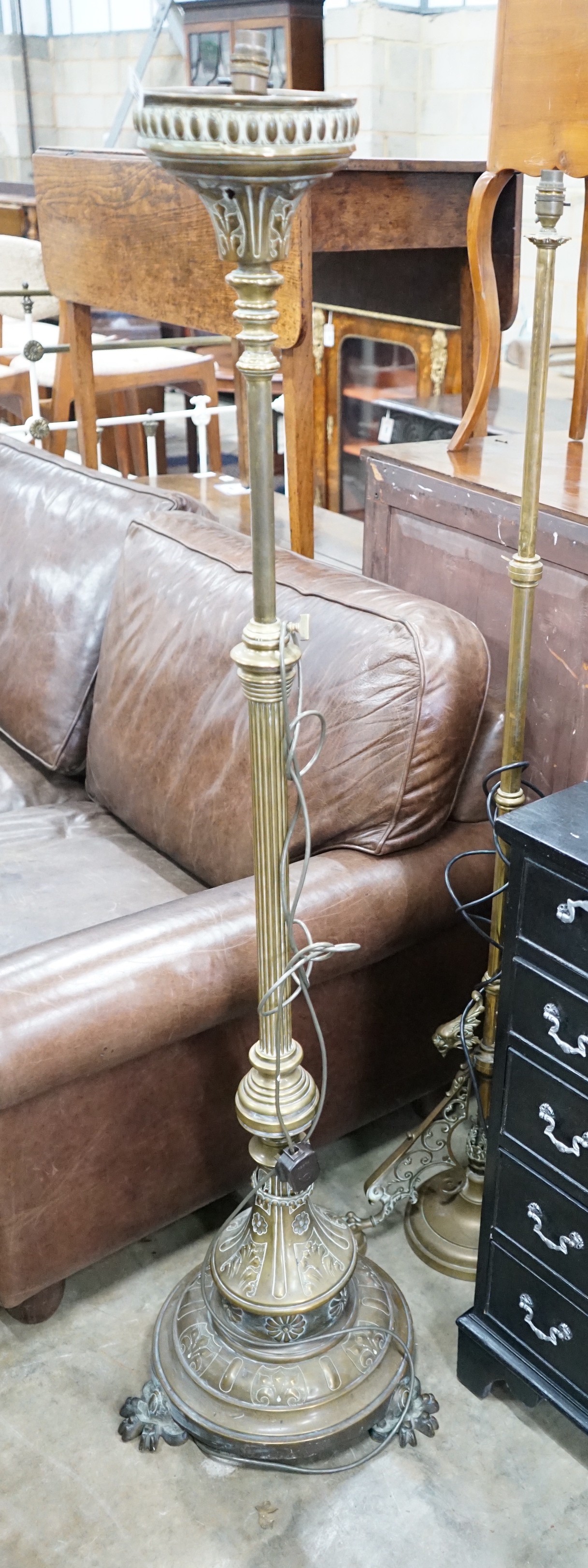 Two late 19th / early 20th century brass telescopic oil standard lamps converted to electricity.